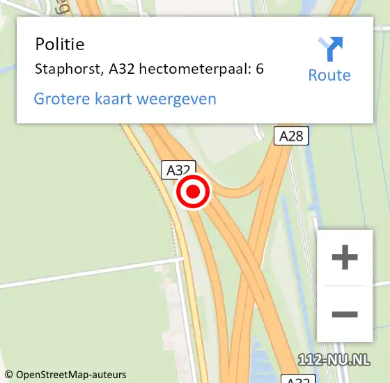 Locatie op kaart van de 112 melding: Politie Staphorst, A32 hectometerpaal: 6 op 22 september 2022 12:26