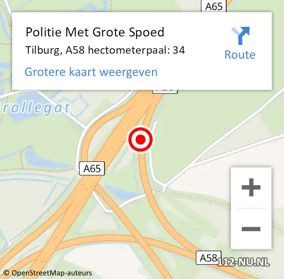 Locatie op kaart van de 112 melding: Politie Met Grote Spoed Naar Tilburg, A58 hectometerpaal: 34 op 22 september 2022 12:34