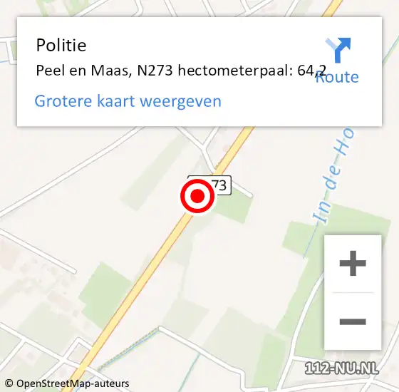 Locatie op kaart van de 112 melding: Politie Peel en Maas, N273 hectometerpaal: 64,2 op 22 september 2022 15:48