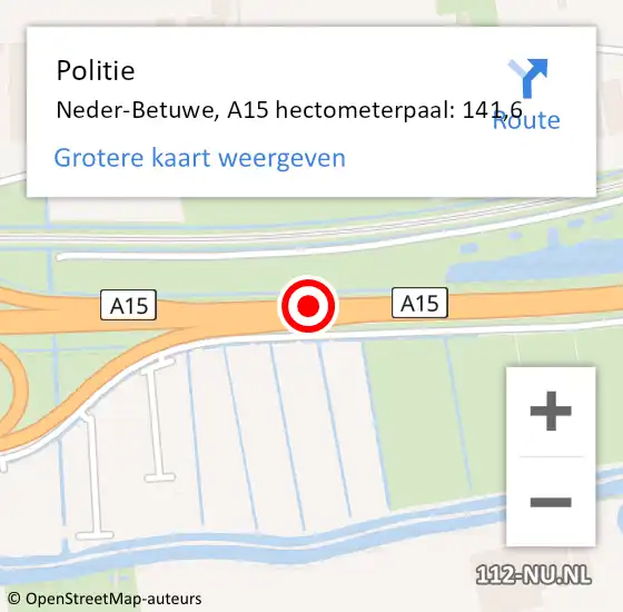 Locatie op kaart van de 112 melding: Politie Neder-Betuwe, A15 hectometerpaal: 141,6 op 22 september 2022 16:43