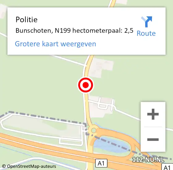 Locatie op kaart van de 112 melding: Politie Bunschoten, N199 hectometerpaal: 2,5 op 22 september 2022 17:13