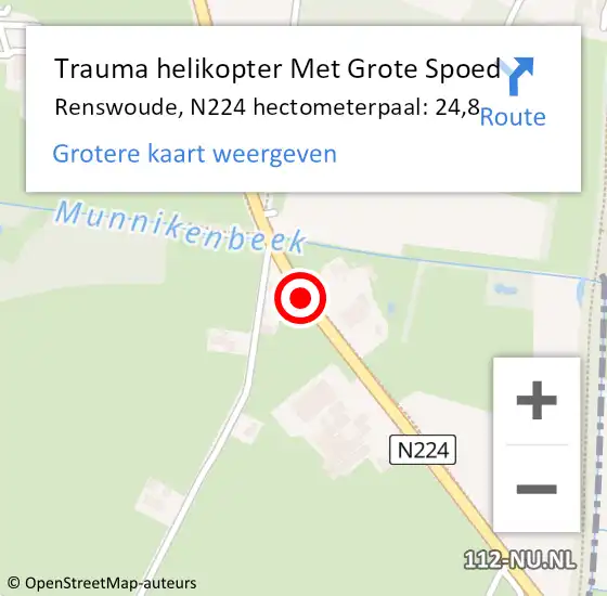 Locatie op kaart van de 112 melding: Trauma helikopter Met Grote Spoed Naar Renswoude, N224 hectometerpaal: 24,8 op 22 september 2022 17:33