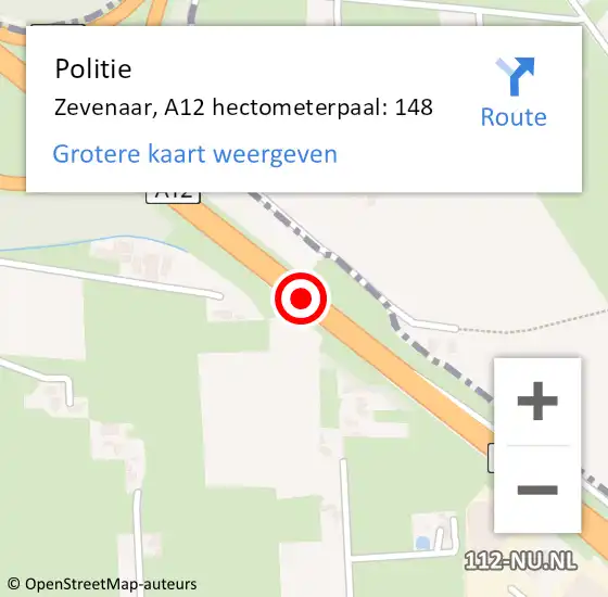 Locatie op kaart van de 112 melding: Politie Montferland, A12 hectometerpaal: 148 op 23 september 2022 03:36