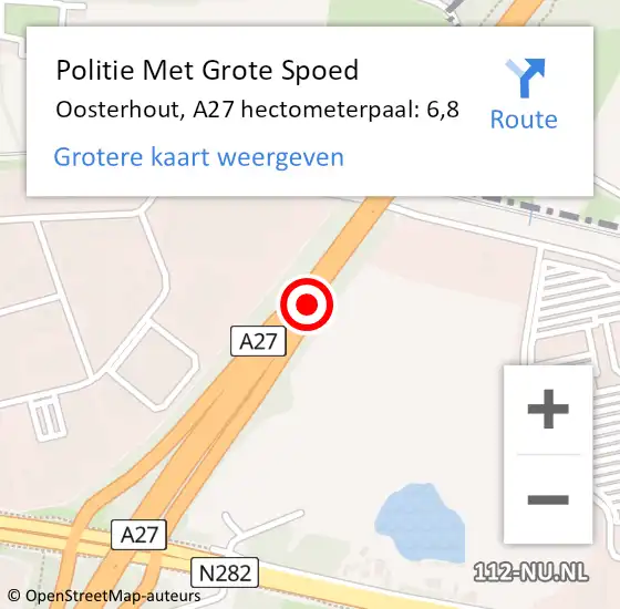 Locatie op kaart van de 112 melding: Politie Met Grote Spoed Naar Oosterhout, A27 hectometerpaal: 6,8 op 23 september 2022 14:21
