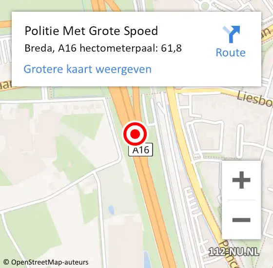 Locatie op kaart van de 112 melding: Politie Met Grote Spoed Naar Breda, A16 hectometerpaal: 61,8 op 23 september 2022 14:55