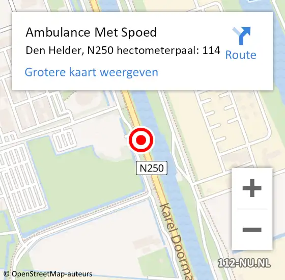 Locatie op kaart van de 112 melding: Ambulance Met Spoed Naar Den Helder, N250 hectometerpaal: 114 op 23 september 2022 16:24