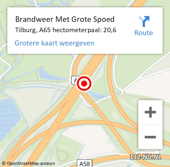 Locatie op kaart van de 112 melding: Brandweer Met Grote Spoed Naar Tilburg, A65 hectometerpaal: 20,6 op 23 september 2022 22:30