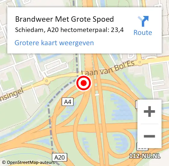 Locatie op kaart van de 112 melding: Brandweer Met Grote Spoed Naar Schiedam, A20 hectometerpaal: 23,4 op 24 september 2022 00:57