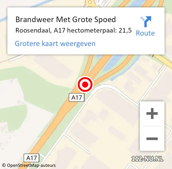Locatie op kaart van de 112 melding: Brandweer Met Grote Spoed Naar Roosendaal, A17 hectometerpaal: 21,5 op 24 september 2022 09:21