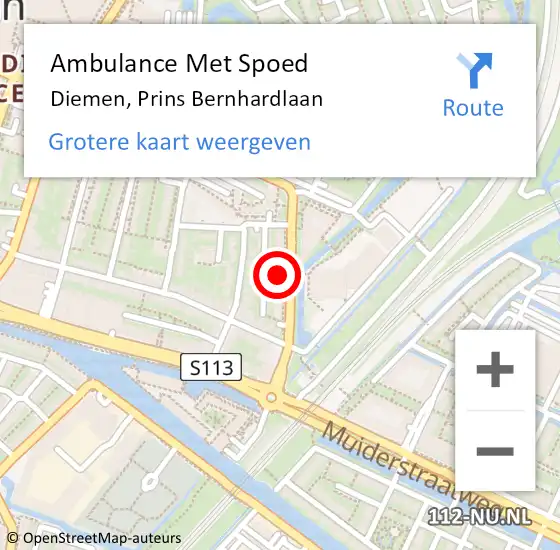 Locatie op kaart van de 112 melding: Ambulance Met Spoed Naar Diemen, Prins Bernhardlaan op 24 september 2022 14:53