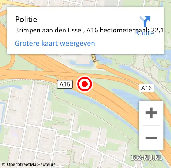 Locatie op kaart van de 112 melding: Politie Tynaarlo, A16 hectometerpaal: 22,1 op 24 september 2022 16:44