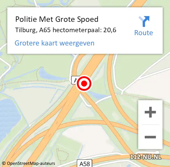 Locatie op kaart van de 112 melding: Politie Met Grote Spoed Naar Tilburg, A65 hectometerpaal: 20,6 op 24 september 2022 18:01