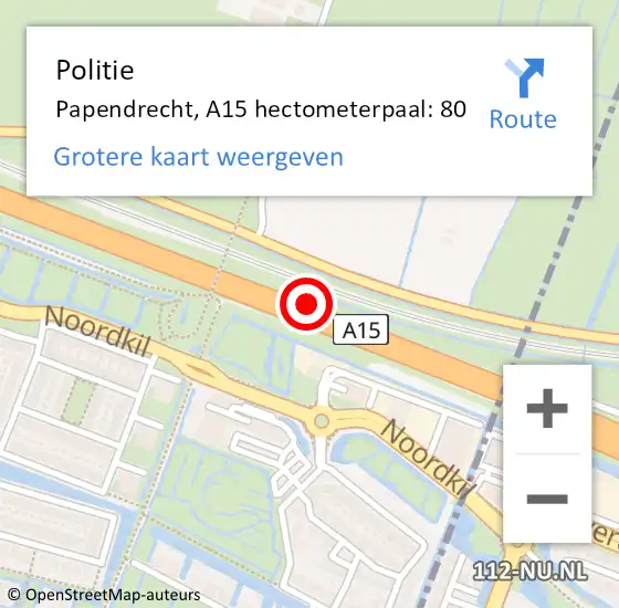 Locatie op kaart van de 112 melding: Politie Papendrecht, A15 hectometerpaal: 80 op 24 september 2022 19:39