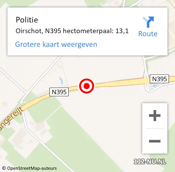 Locatie op kaart van de 112 melding: Politie Oirschot, N395 hectometerpaal: 13,1 op 24 september 2022 22:21