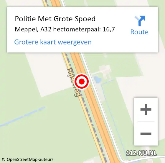 Locatie op kaart van de 112 melding: Politie Met Grote Spoed Naar Meppel, A32 hectometerpaal: 16,7 op 25 september 2022 01:06