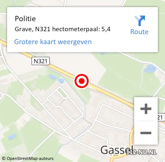 Locatie op kaart van de 112 melding: Politie Grave, N321 hectometerpaal: 5,4 op 25 september 2022 10:51