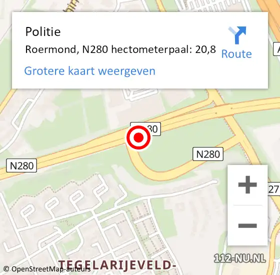 Locatie op kaart van de 112 melding: Politie Roermond, N280 hectometerpaal: 20,8 op 26 september 2022 14:25