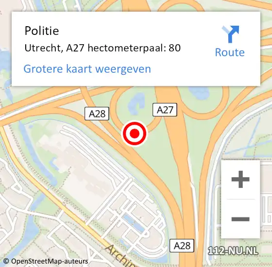 Locatie op kaart van de 112 melding: Politie Utrecht, A27 hectometerpaal: 80 op 26 september 2022 19:01