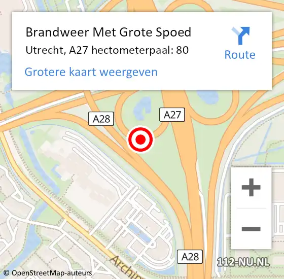 Locatie op kaart van de 112 melding: Brandweer Met Grote Spoed Naar Utrecht, A27 hectometerpaal: 80 op 26 september 2022 19:08