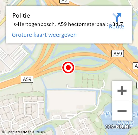 Locatie op kaart van de 112 melding: Politie 's-Hertogenbosch, A59 hectometerpaal: 134,7 op 26 september 2022 20:00