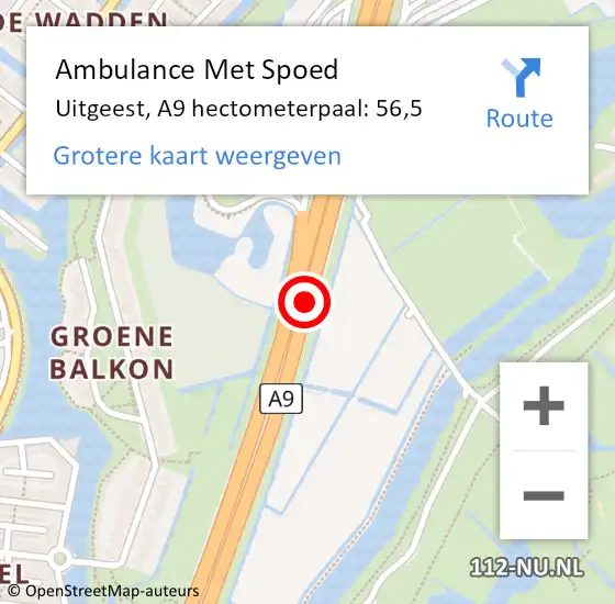 Locatie op kaart van de 112 melding: Ambulance Met Spoed Naar Uitgeest, A9 hectometerpaal: 56,5 op 27 september 2022 07:17