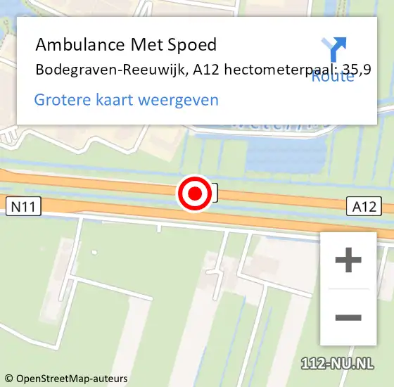 Locatie op kaart van de 112 melding: Ambulance Met Spoed Naar Bodegraven-Reeuwijk, A12 hectometerpaal: 35,9 op 27 september 2022 10:58
