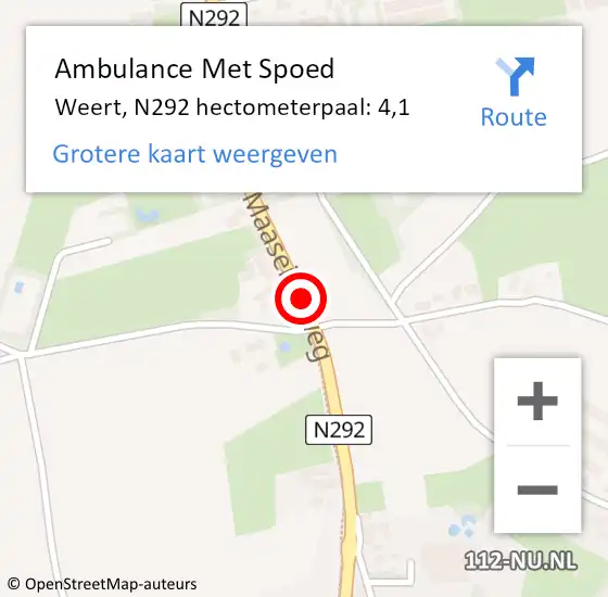 Locatie op kaart van de 112 melding: Ambulance Met Spoed Naar Weert, N292 hectometerpaal: 4,1 op 27 september 2022 11:04