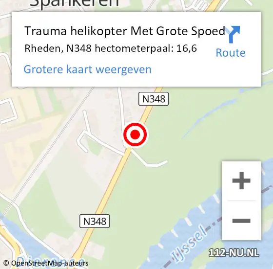 Locatie op kaart van de 112 melding: Trauma helikopter Met Grote Spoed Naar Rheden, N348 hectometerpaal: 16,6 op 27 september 2022 14:39