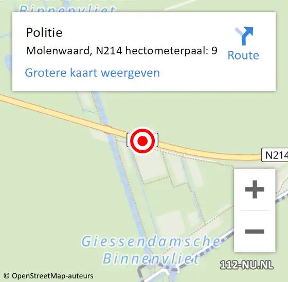 Locatie op kaart van de 112 melding: Politie Molenwaard, N214 hectometerpaal: 9 op 27 september 2022 18:41