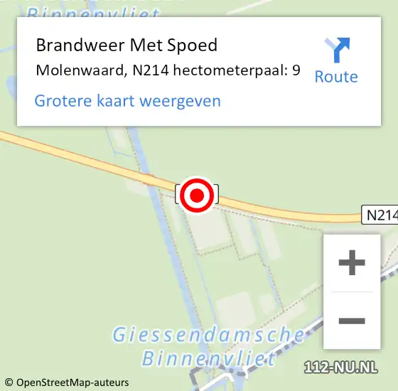 Locatie op kaart van de 112 melding: Brandweer Met Spoed Naar Molenwaard, N214 hectometerpaal: 9 op 27 september 2022 18:43