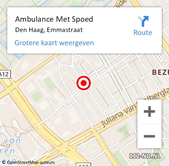 Locatie op kaart van de 112 melding: Ambulance Met Spoed Naar Den Haag, Emmastraat op 27 september 2022 19:36