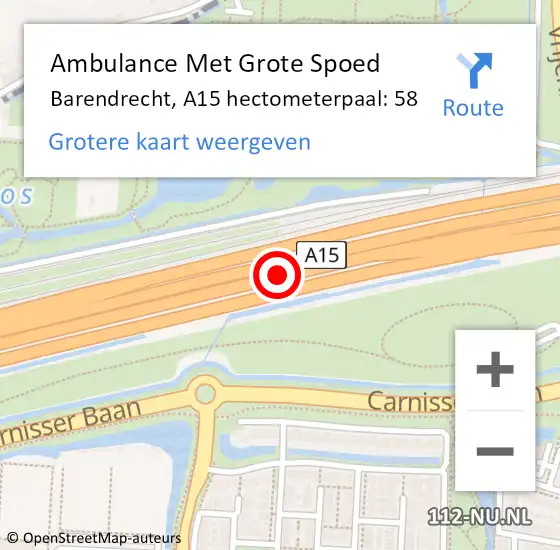 Locatie op kaart van de 112 melding: Ambulance Met Grote Spoed Naar Barendrecht, A15 hectometerpaal: 58 op 28 september 2022 13:35