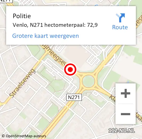 Locatie op kaart van de 112 melding: Politie Venlo, N271 hectometerpaal: 72,9 op 28 september 2022 15:50
