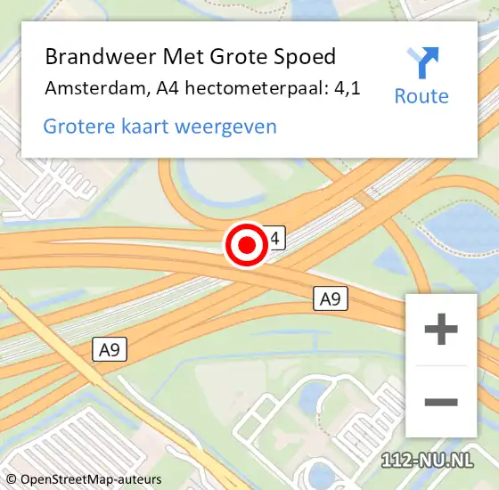 Locatie op kaart van de 112 melding: Brandweer Met Grote Spoed Naar Amsterdam, A4 hectometerpaal: 4,1 op 28 september 2022 17:07