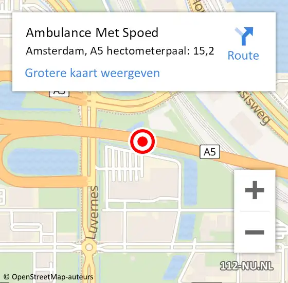 Locatie op kaart van de 112 melding: Ambulance Met Spoed Naar Amsterdam, A5 hectometerpaal: 15,2 op 28 september 2022 18:00