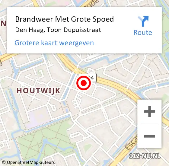 Locatie op kaart van de 112 melding: Brandweer Met Grote Spoed Naar Den Haag, Toon Dupuisstraat op 28 september 2022 22:13