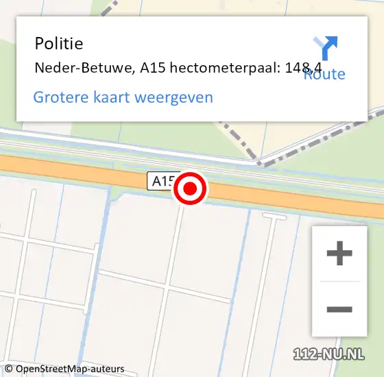 Locatie op kaart van de 112 melding: Politie Neder-Betuwe, A15 hectometerpaal: 148,4 op 29 september 2022 04:08