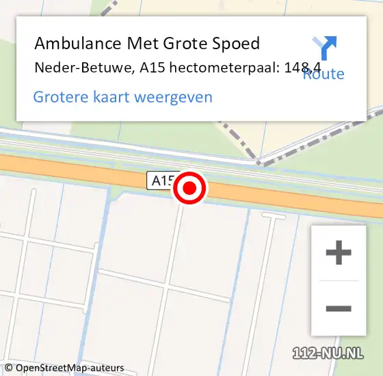 Locatie op kaart van de 112 melding: Ambulance Met Grote Spoed Naar Neder-Betuwe, A15 hectometerpaal: 148,4 op 29 september 2022 04:09