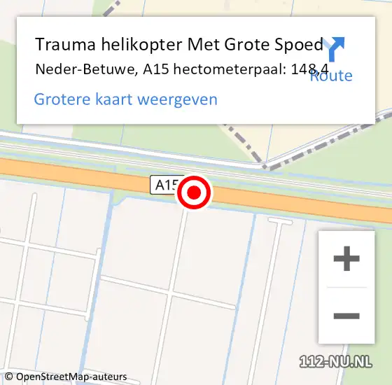 Locatie op kaart van de 112 melding: Trauma helikopter Met Grote Spoed Naar Neder-Betuwe, A15 hectometerpaal: 148,4 op 29 september 2022 04:10
