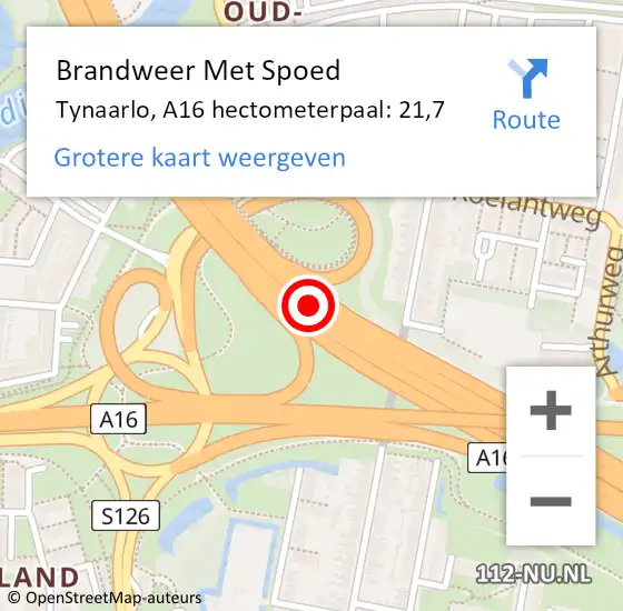 Locatie op kaart van de 112 melding: Brandweer Met Spoed Naar Tynaarlo, A16 hectometerpaal: 21,7 op 29 september 2022 08:04