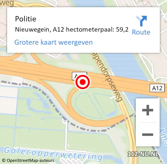 Locatie op kaart van de 112 melding: Politie Nieuwegein, A12 hectometerpaal: 59,2 op 29 september 2022 08:06