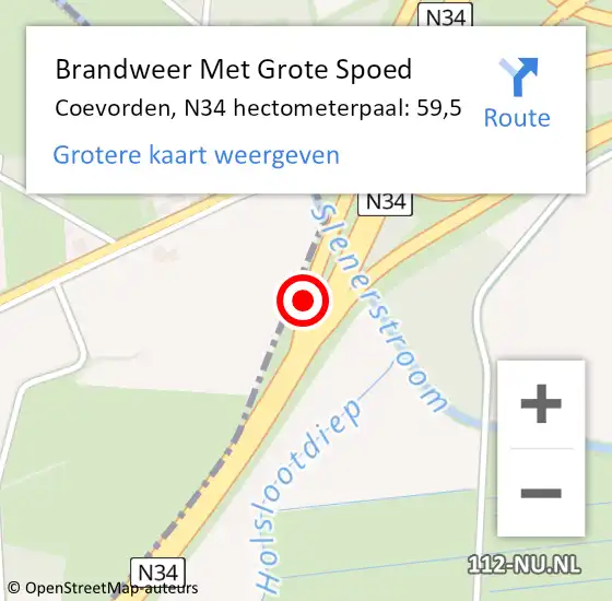 Locatie op kaart van de 112 melding: Brandweer Met Grote Spoed Naar Coevorden, N34 hectometerpaal: 59,5 op 29 september 2022 09:03