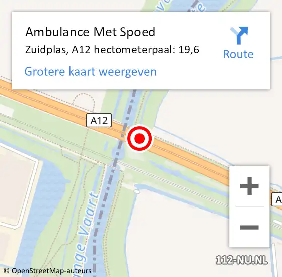 Locatie op kaart van de 112 melding: Ambulance Met Spoed Naar Zuidplas, A12 hectometerpaal: 19,6 op 29 september 2022 16:19