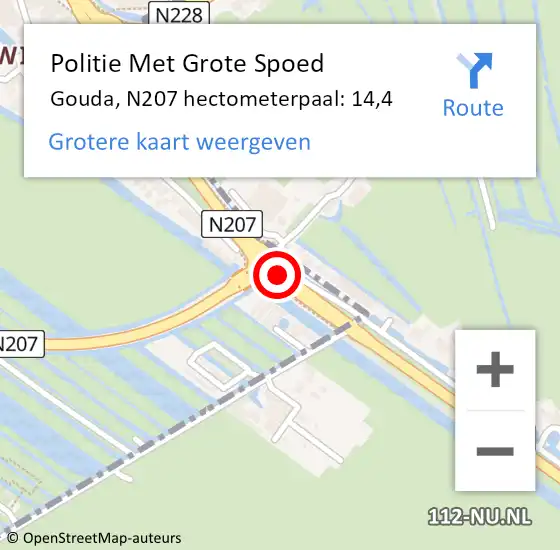Locatie op kaart van de 112 melding: Politie Met Grote Spoed Naar Gouda, N207 hectometerpaal: 14,4 op 29 september 2022 17:28