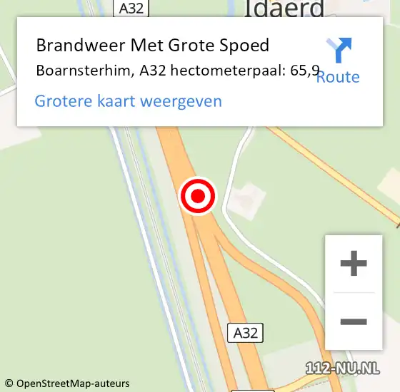 Locatie op kaart van de 112 melding: Brandweer Met Grote Spoed Naar Boarnsterhim, A32 hectometerpaal: 65,9 op 30 september 2022 08:54