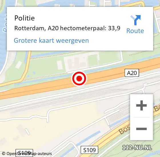 Locatie op kaart van de 112 melding: Politie Rotterdam, A20 hectometerpaal: 33,9 op 30 september 2022 12:55