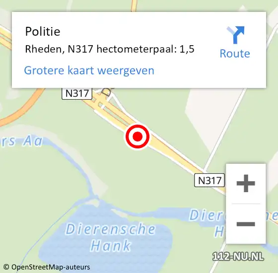 Locatie op kaart van de 112 melding: Politie Rheden, N317 hectometerpaal: 1,5 op 30 september 2022 15:58