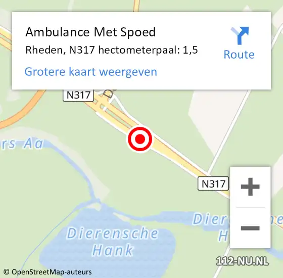 Locatie op kaart van de 112 melding: Ambulance Met Spoed Naar Rheden, N317 hectometerpaal: 1,5 op 30 september 2022 16:00