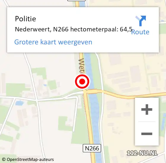 Locatie op kaart van de 112 melding: Politie Nederweert, N266 hectometerpaal: 64,5 op 30 september 2022 16:24
