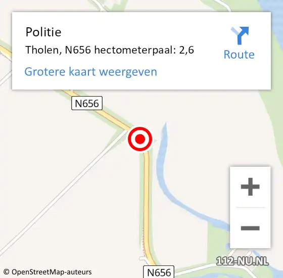Locatie op kaart van de 112 melding: Politie Tholen, N656 hectometerpaal: 2,6 op 30 september 2022 18:17